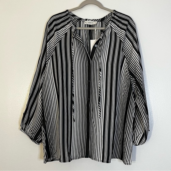 Everlane The Gathered Shirt Striped Black White Long Sleeve Blouse Size XXL NWT - Picture 3 of 8